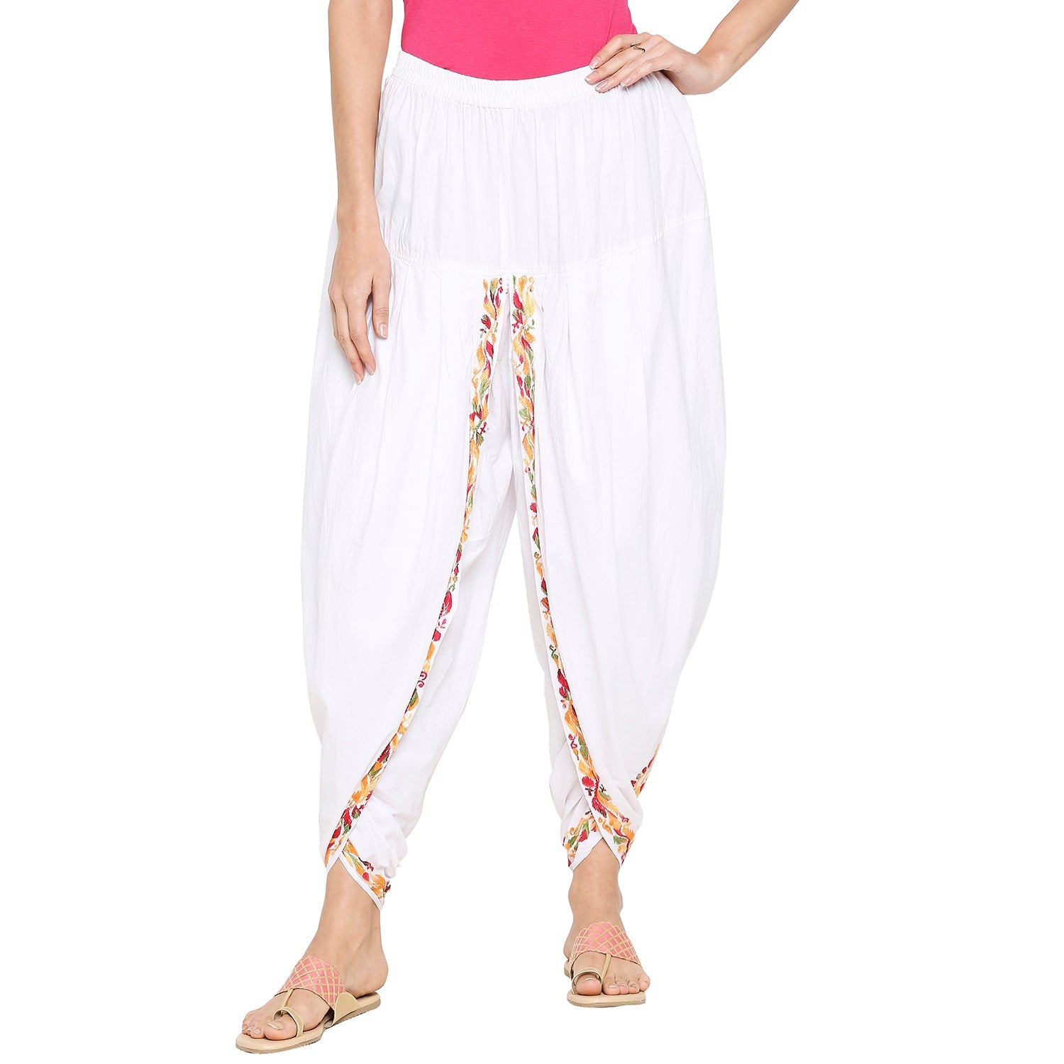 Chikankari Hand Embroidered Dhoti Salwar Tulip Pants Palazzo White - Indiankala4u