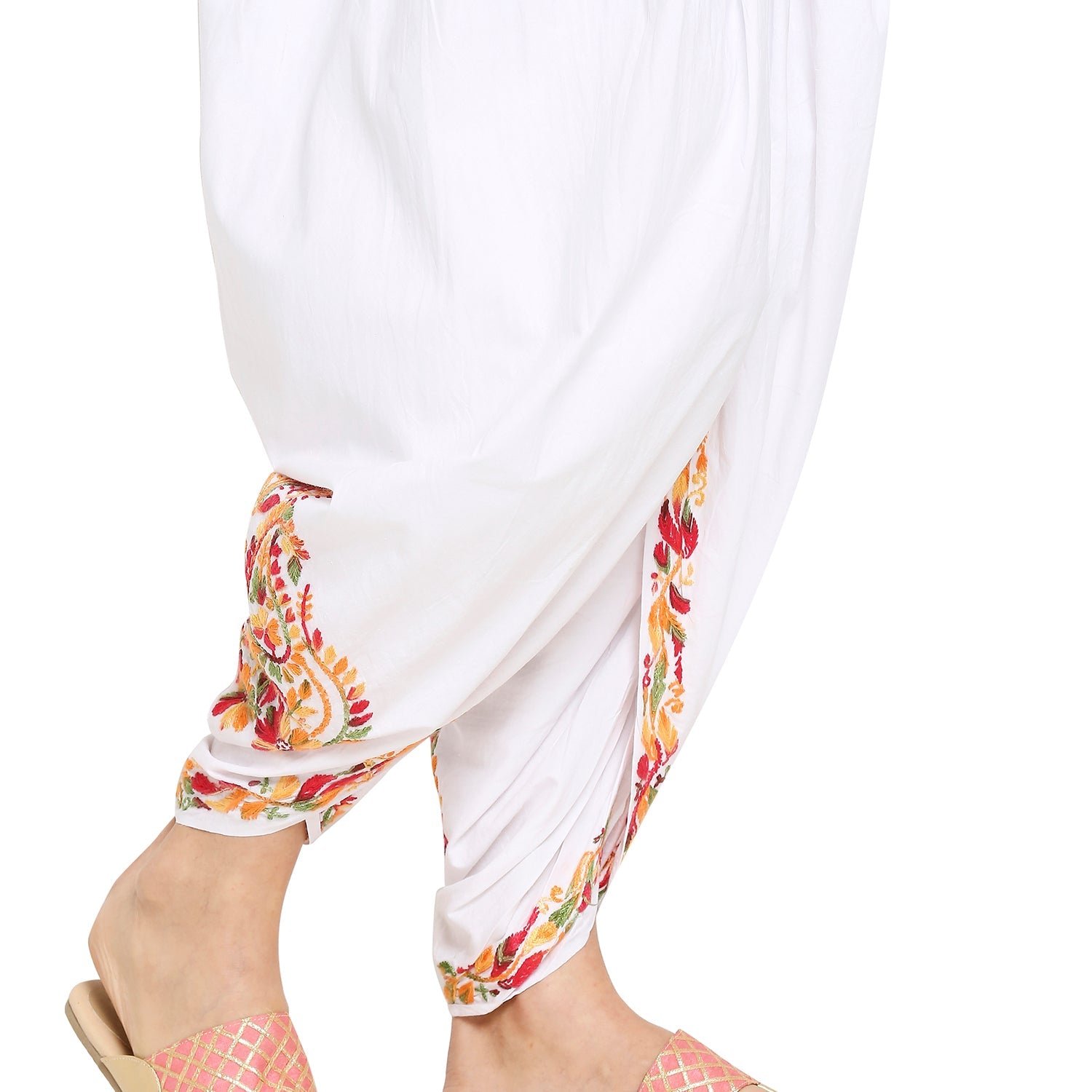 Chikankari Hand Embroidered Dhoti Salwar Tulip Pants Palazzo White - Indiankala4u