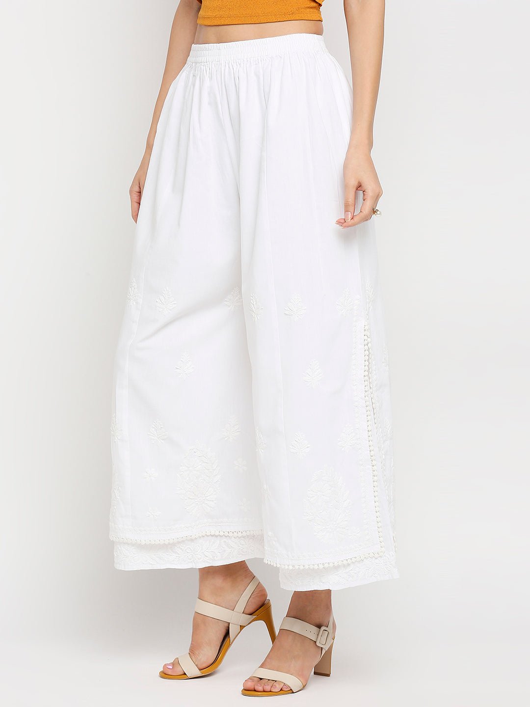 Chikankari Hand Embroidered Layered Palazzo Cotton - Indiankala4u