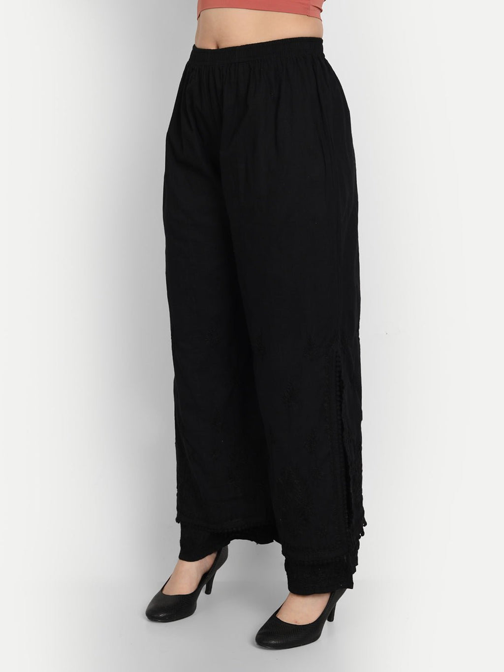 Chikankari Hand Embroidered Layered Palazzo Cotton Black - Indiankala4u