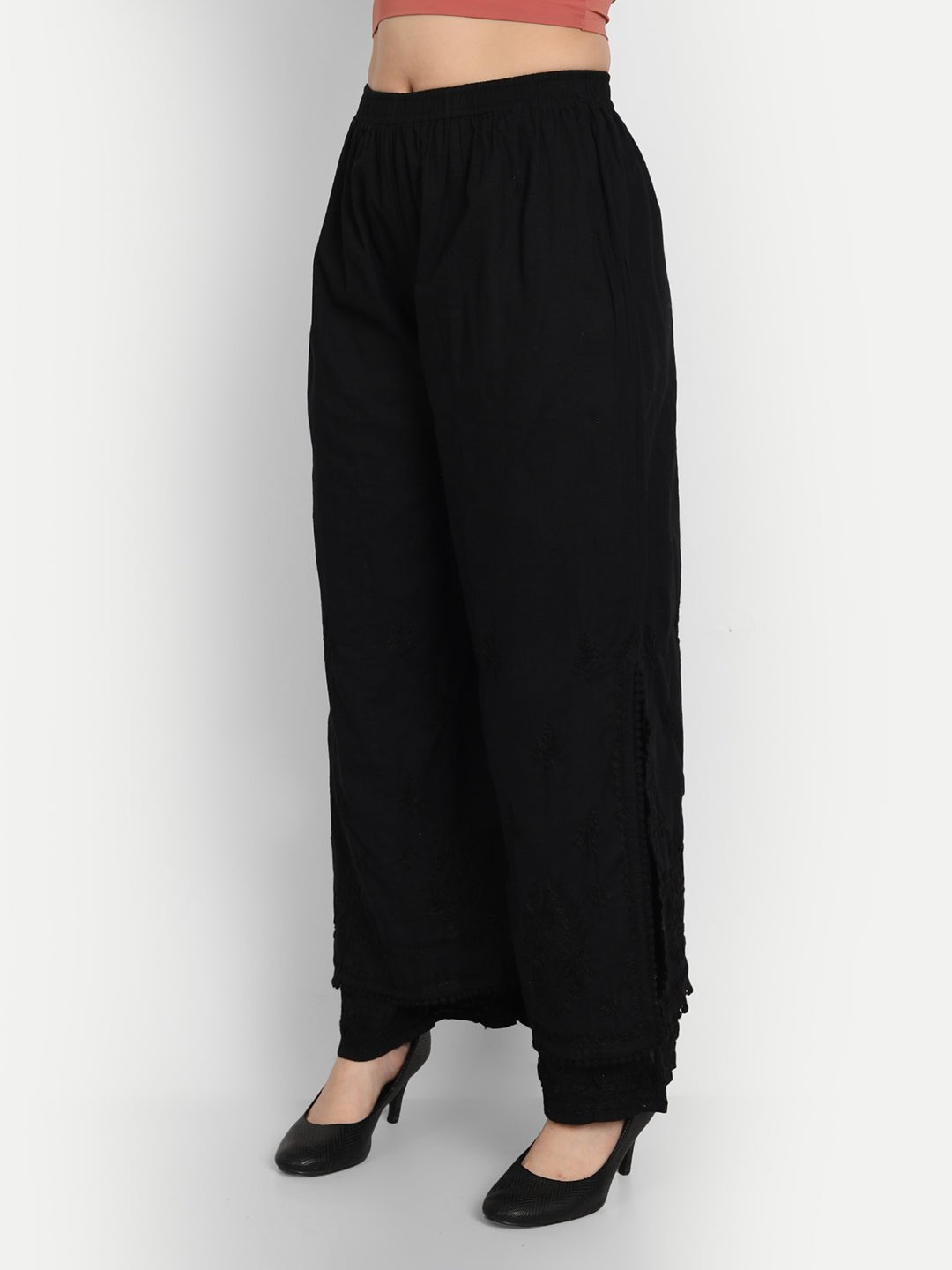 Chikankari Hand Embroidered Layered Palazzo Cotton Black - Indiankala4u