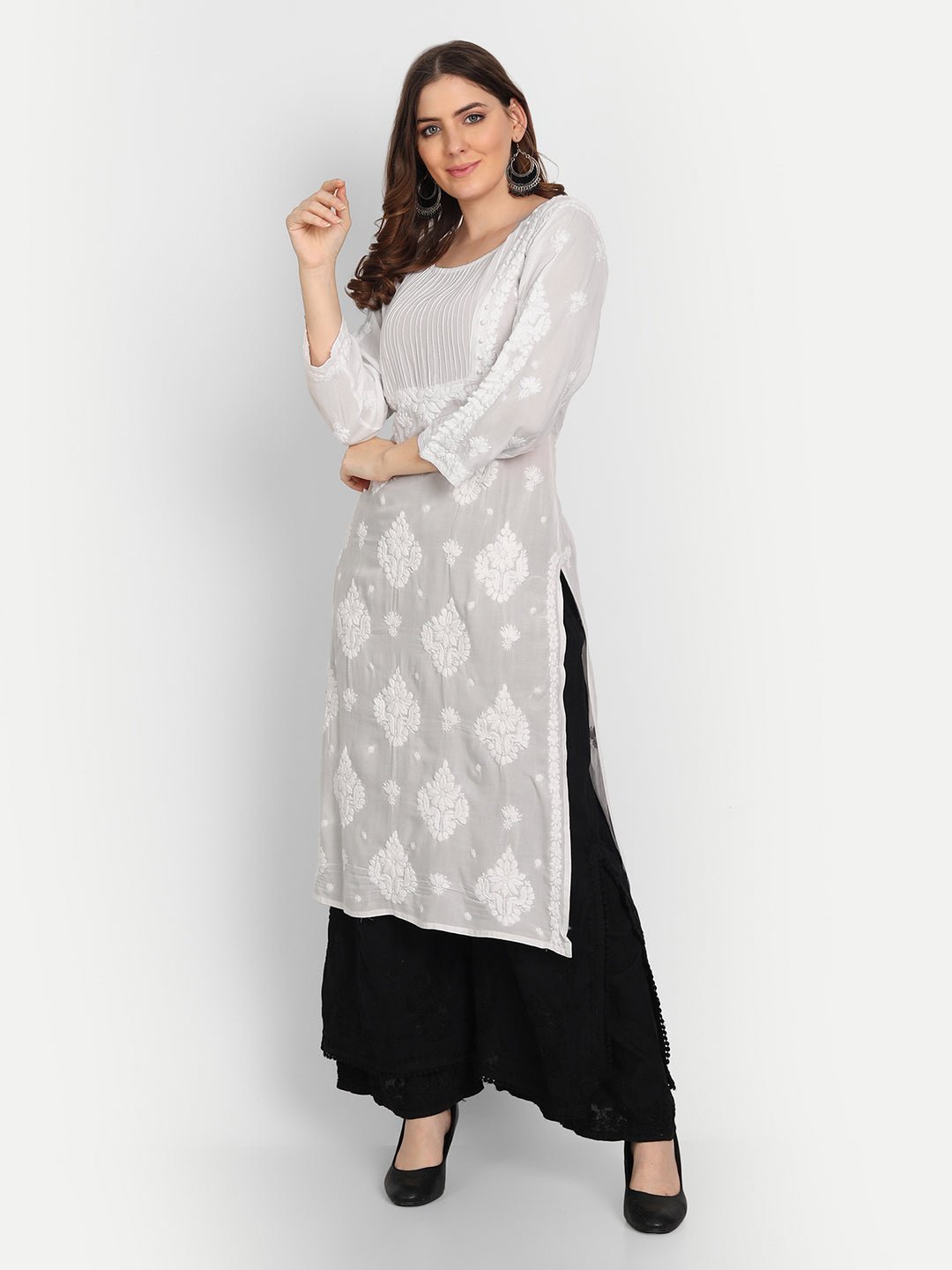 Chikankari Hand Embroidered Layered Palazzo Cotton Black - Indiankala4u
