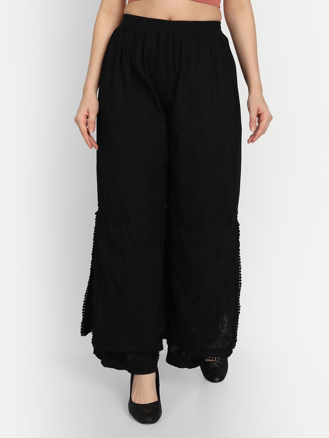 Chikankari Hand Embroidered Layered Palazzo Cotton Black - Indiankala4u