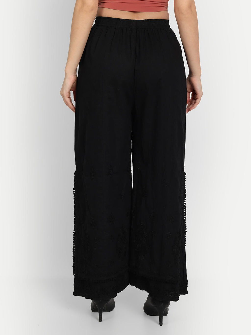 Chikankari Hand Embroidered Layered Palazzo Cotton Black - Indiankala4u