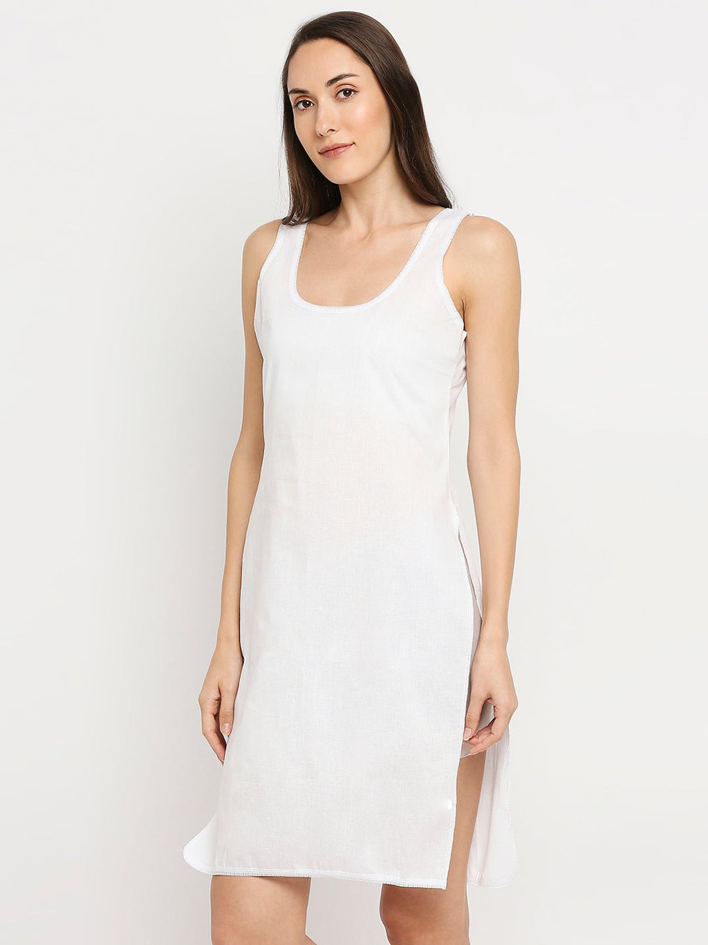 Cotton Rich Soft Camisole Long Knee Length Inner Kurti with High Side Slits White - Indiankala4u
