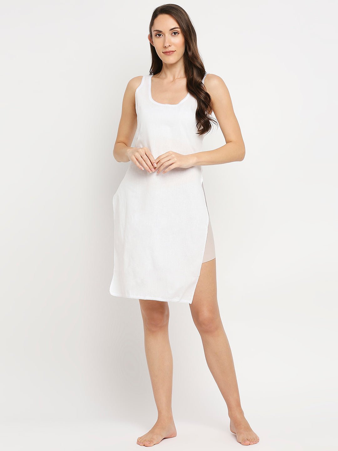 Cotton Rich Soft Camisole Long Knee Length Inner Kurti with High Side Slits White - Indiankala4u