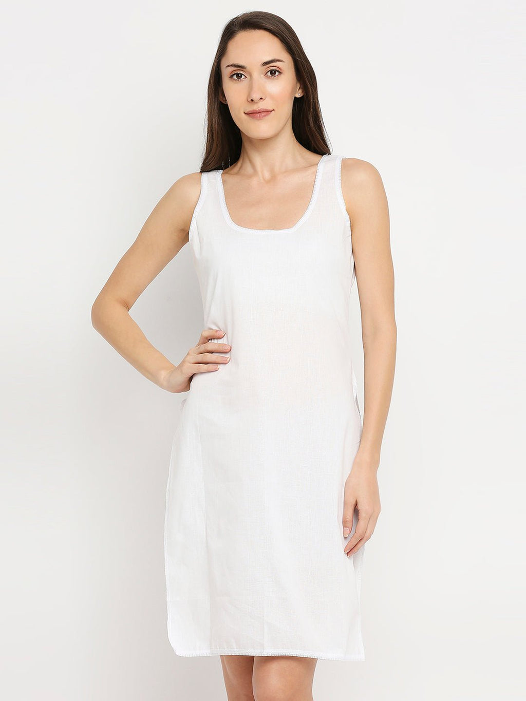 Cotton Rich Soft Camisole Long Knee Length Inner Kurti with High Side Slits White - Indiankala4u