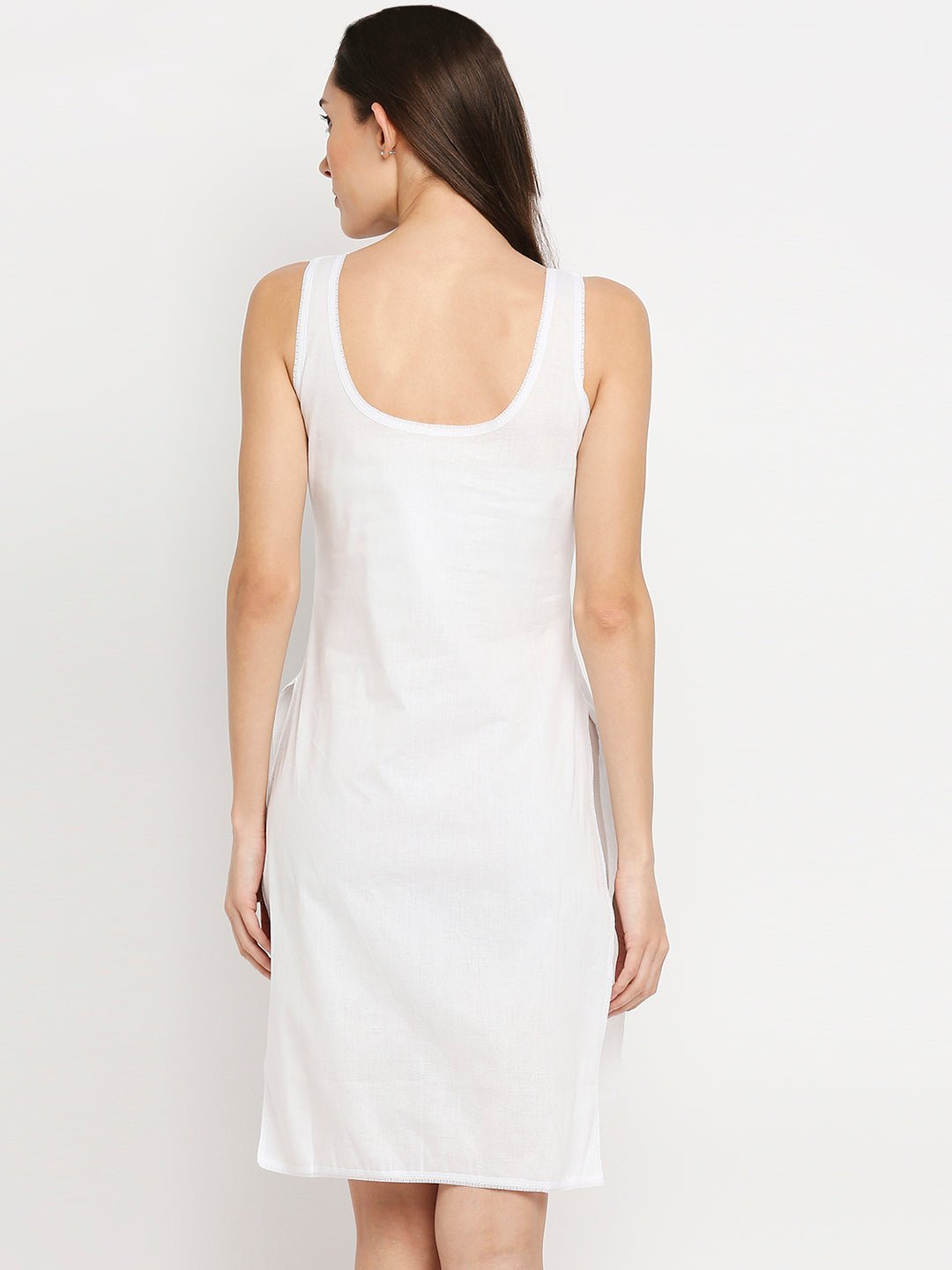 Cotton Rich Soft Camisole Long Knee Length Inner Kurti with High Side Slits White - Indiankala4u