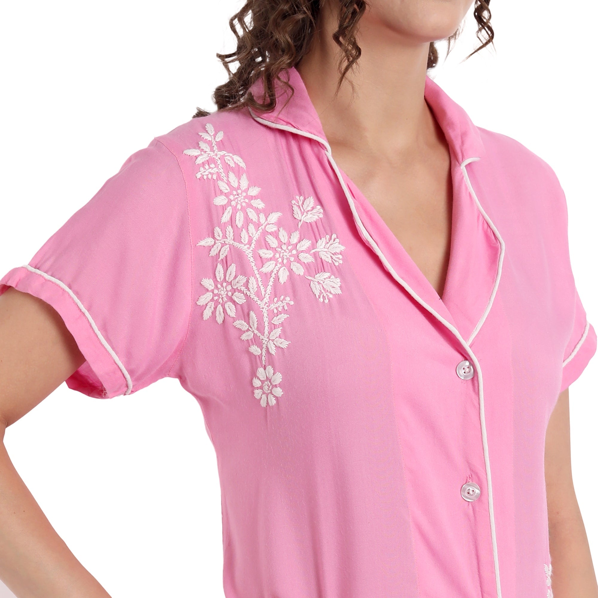 Lucknow Chikankari Hand Embroidered 2 Piece Night Suit - Indiankala4u