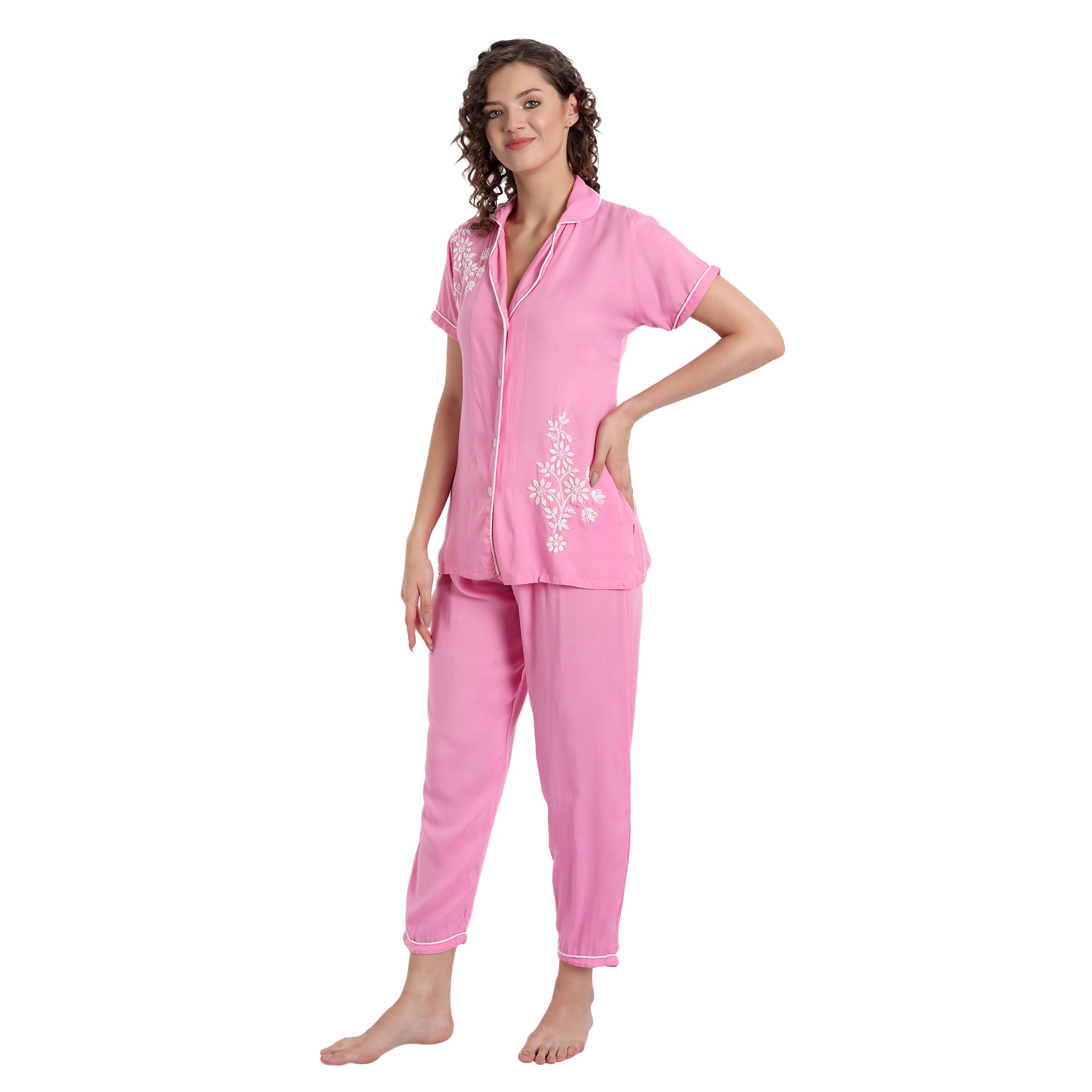 Lucknow Chikankari Hand Embroidered 2 Piece Night Suit - Indiankala4u