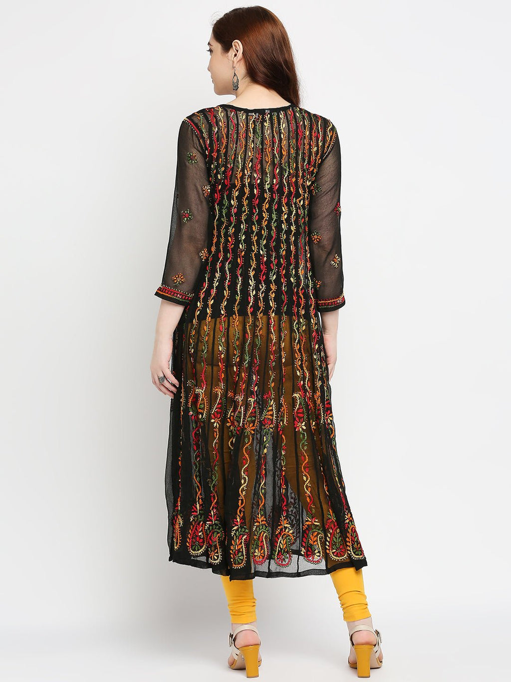 Lucknow Chikankari Hand Embroidered 32 kali Long Kurta , Georgette - Indiankala4u