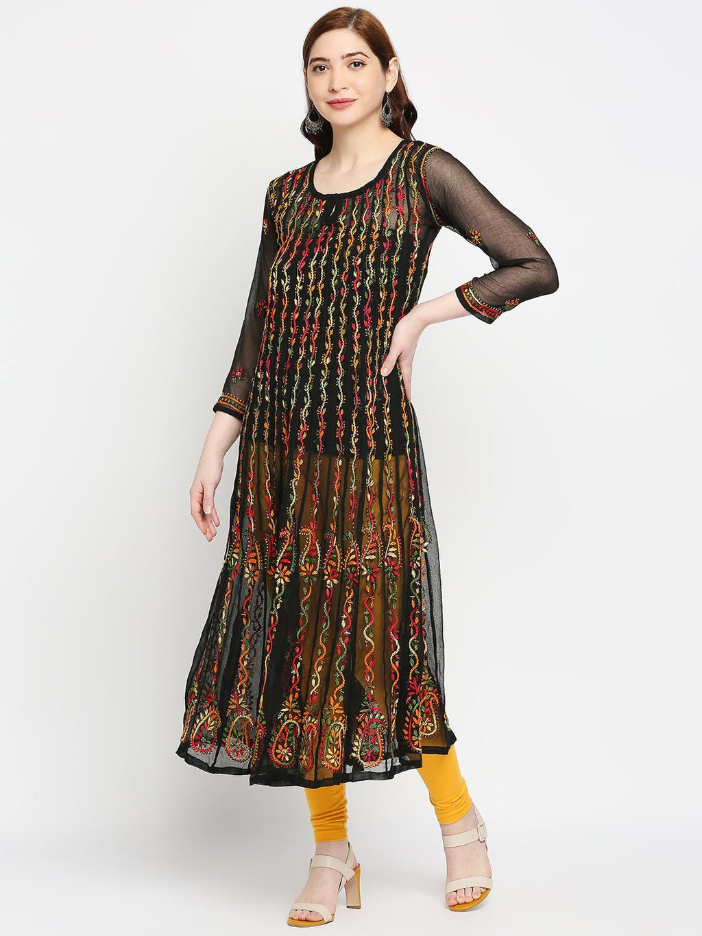 Lucknow Chikankari Hand Embroidered 32 kali Long Kurta , Georgette - Indiankala4u