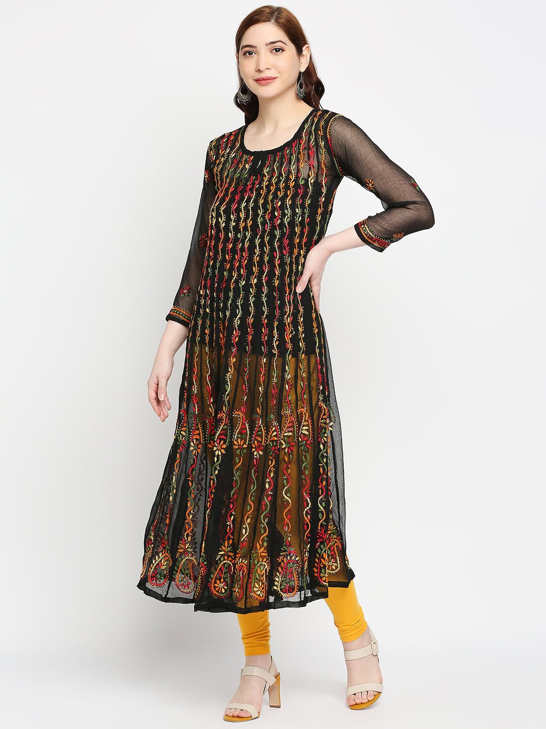 Lucknow Chikankari Hand Embroidered 32 kali Long Kurta , Georgette - Indiankala4u