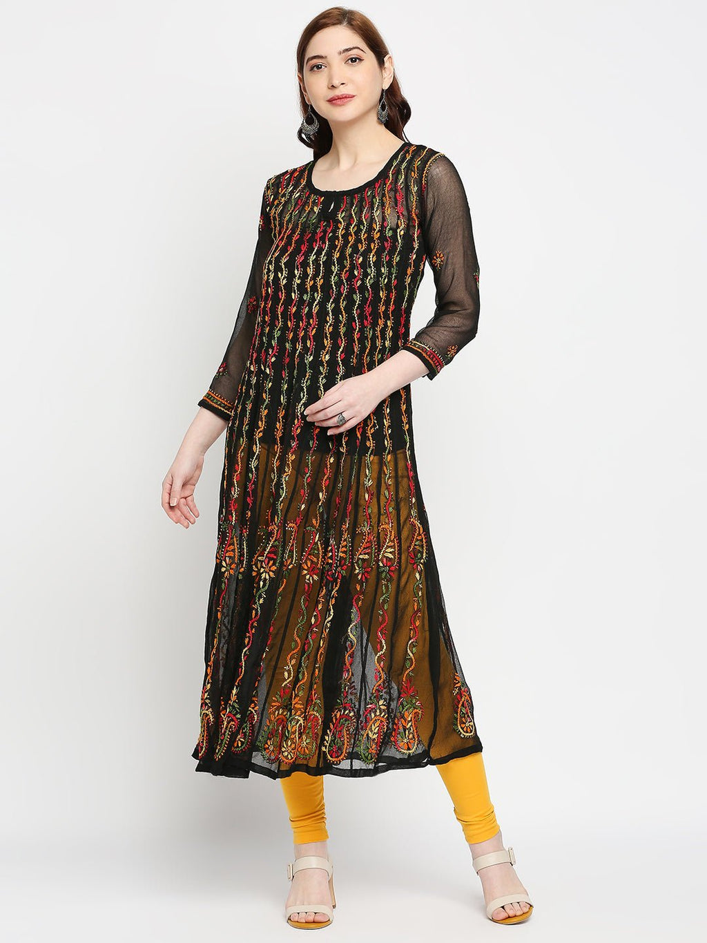 Lucknow Chikankari Hand Embroidered 32 kali Long Kurta , Georgette - Indiankala4u