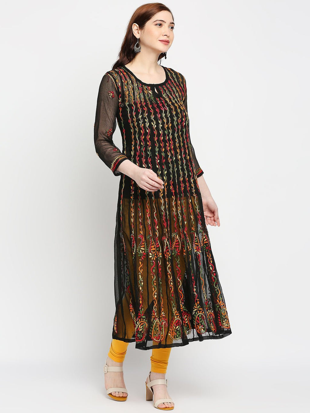 Lucknow Chikankari Hand Embroidered 32 kali Long Kurta , Georgette - Indiankala4u