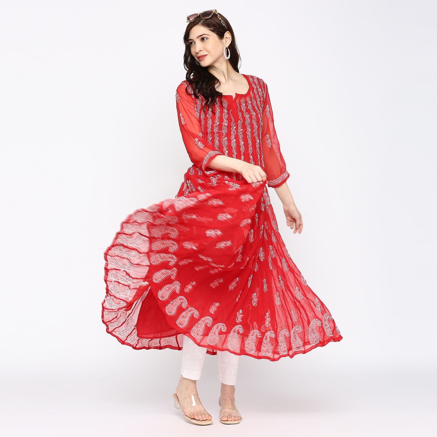Lucknow Chikankari Hand embroidered 56Kali Anarkali Kurta - Indiankala4u