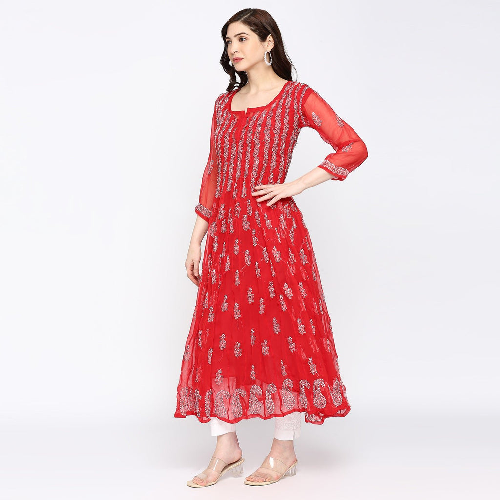 Lucknow Chikankari Hand embroidered 56Kali Anarkali Kurta - Indiankala4u