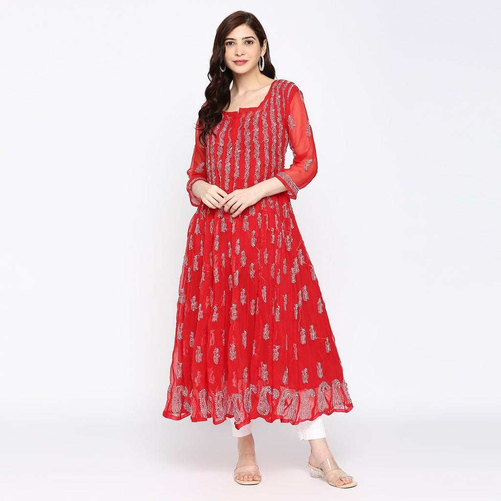 Lucknow Chikankari Hand embroidered 56Kali Anarkali Kurta - Indiankala4u