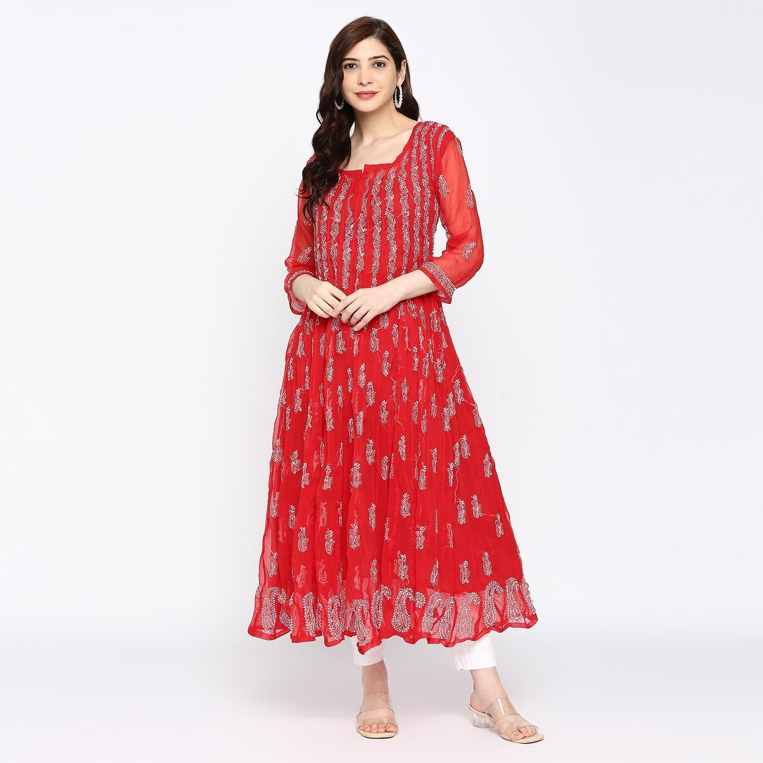 Lucknow Chikankari Hand embroidered 56Kali Anarkali Kurta - Indiankala4u