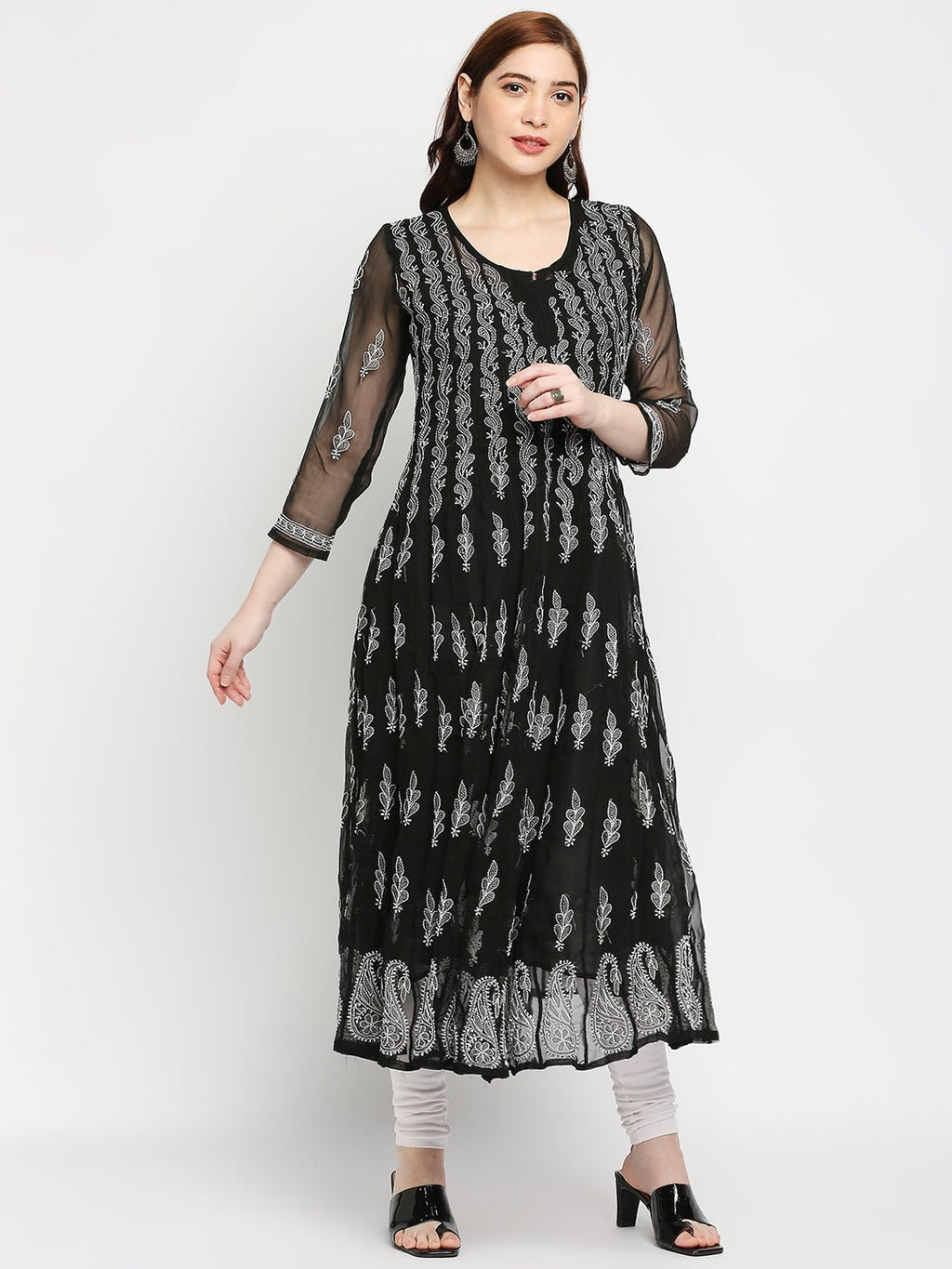 Lucknow Chikankari Hand embroidered 56Kali Anarkali Kurta - Indiankala4u