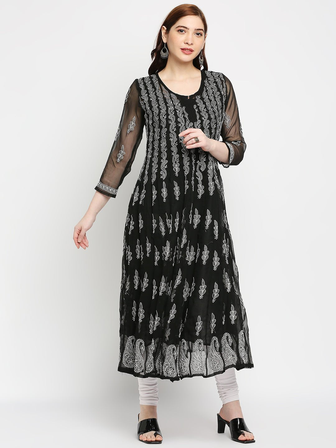 Lucknow Chikankari Hand embroidered 56Kali Anarkali Kurta - Indiankala4u
