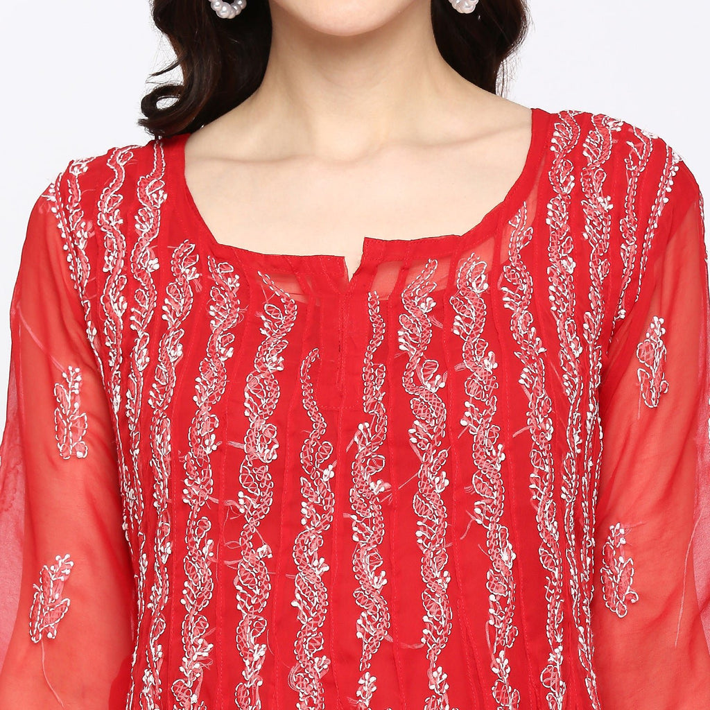 Lucknow Chikankari Hand embroidered 56Kali Anarkali Kurta - Indiankala4u