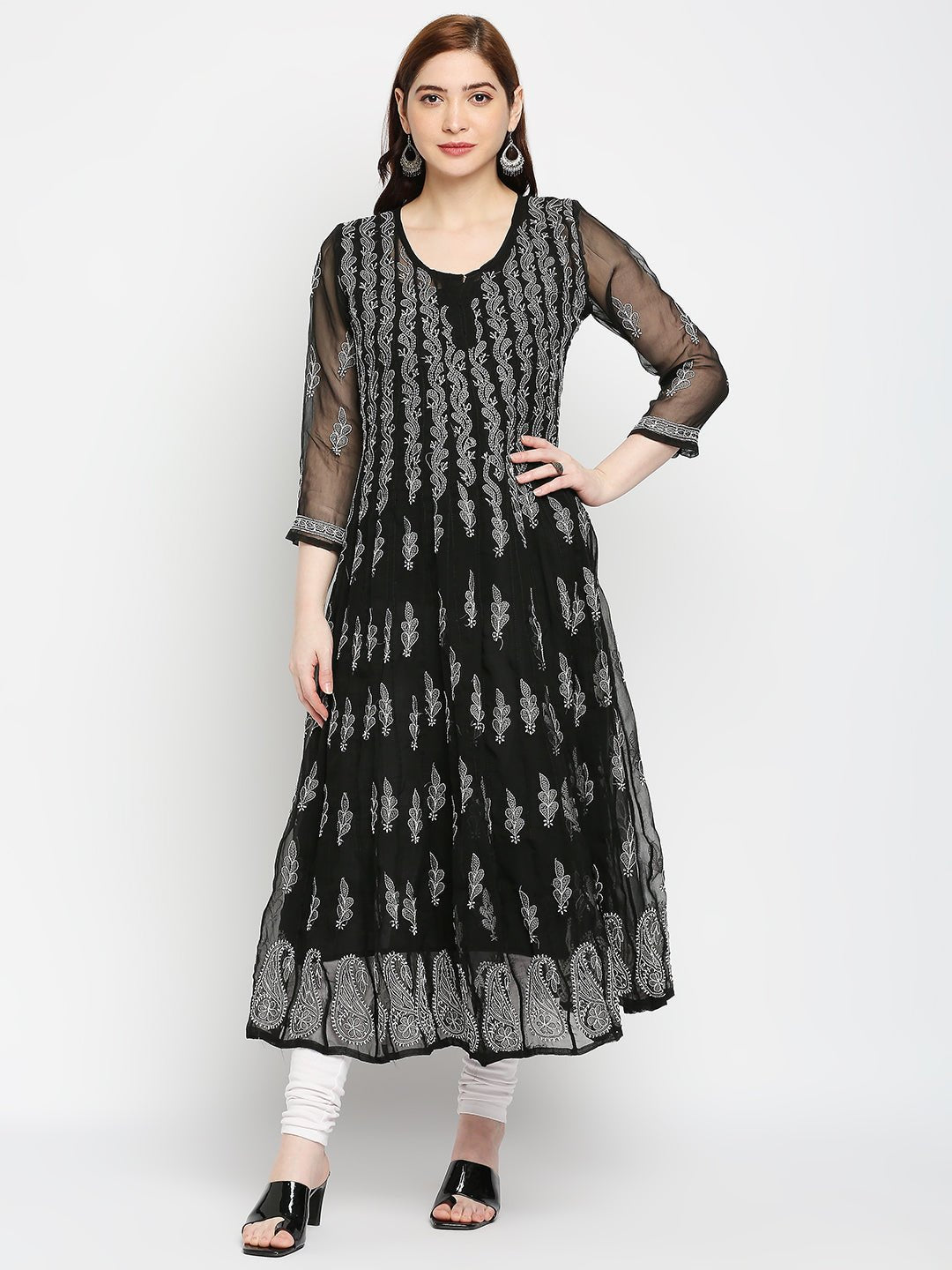 Lucknow Chikankari Hand embroidered 56Kali Anarkali Kurta - Indiankala4u