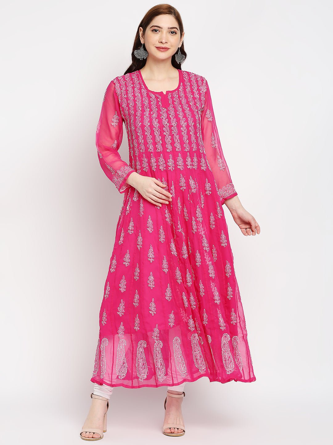 Lucknow Chikankari Hand embroidered 56Kali Anarkali Kurta - Indiankala4u
