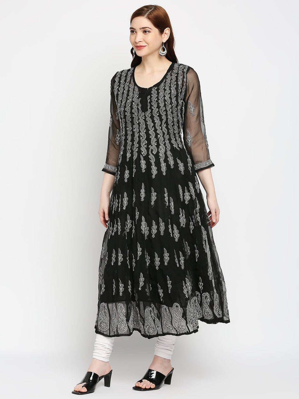 Lucknow Chikankari Hand embroidered 56Kali Anarkali Kurta - Indiankala4u