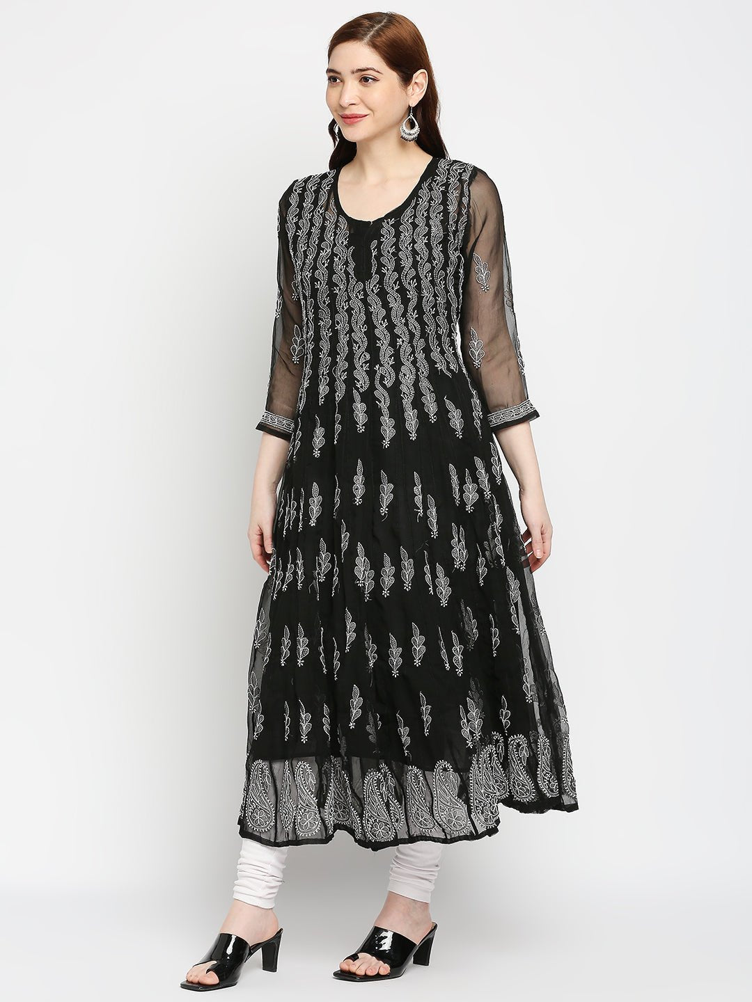 Lucknow Chikankari Hand embroidered 56Kali Anarkali Kurta - Indiankala4u