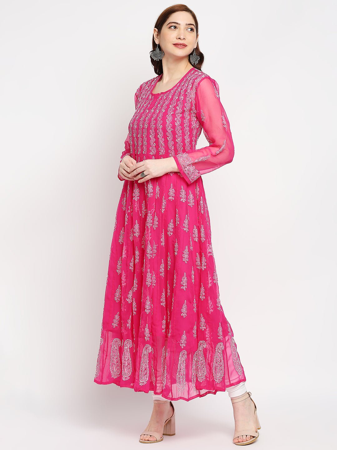 Lucknow Chikankari Hand embroidered 56Kali Anarkali Kurta - Indiankala4u