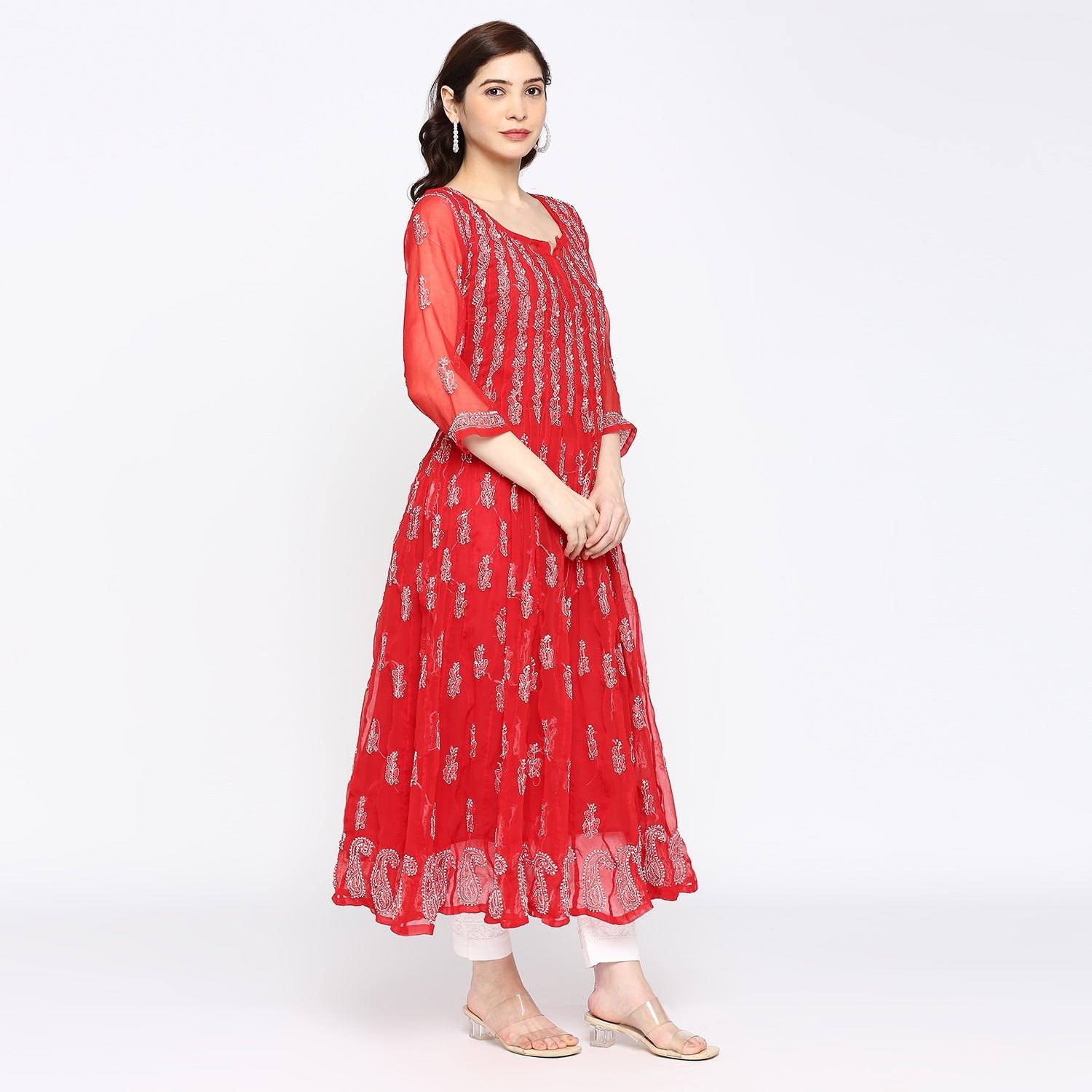 Lucknow Chikankari Hand embroidered 56Kali Anarkali Kurta - Indiankala4u