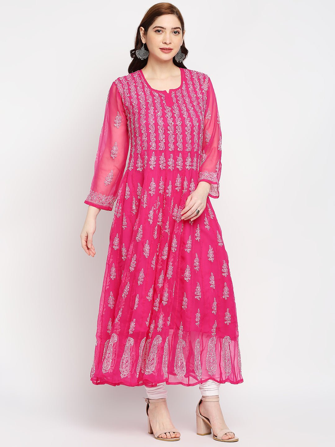 Lucknow Chikankari Hand embroidered 56Kali Anarkali Kurta - Indiankala4u