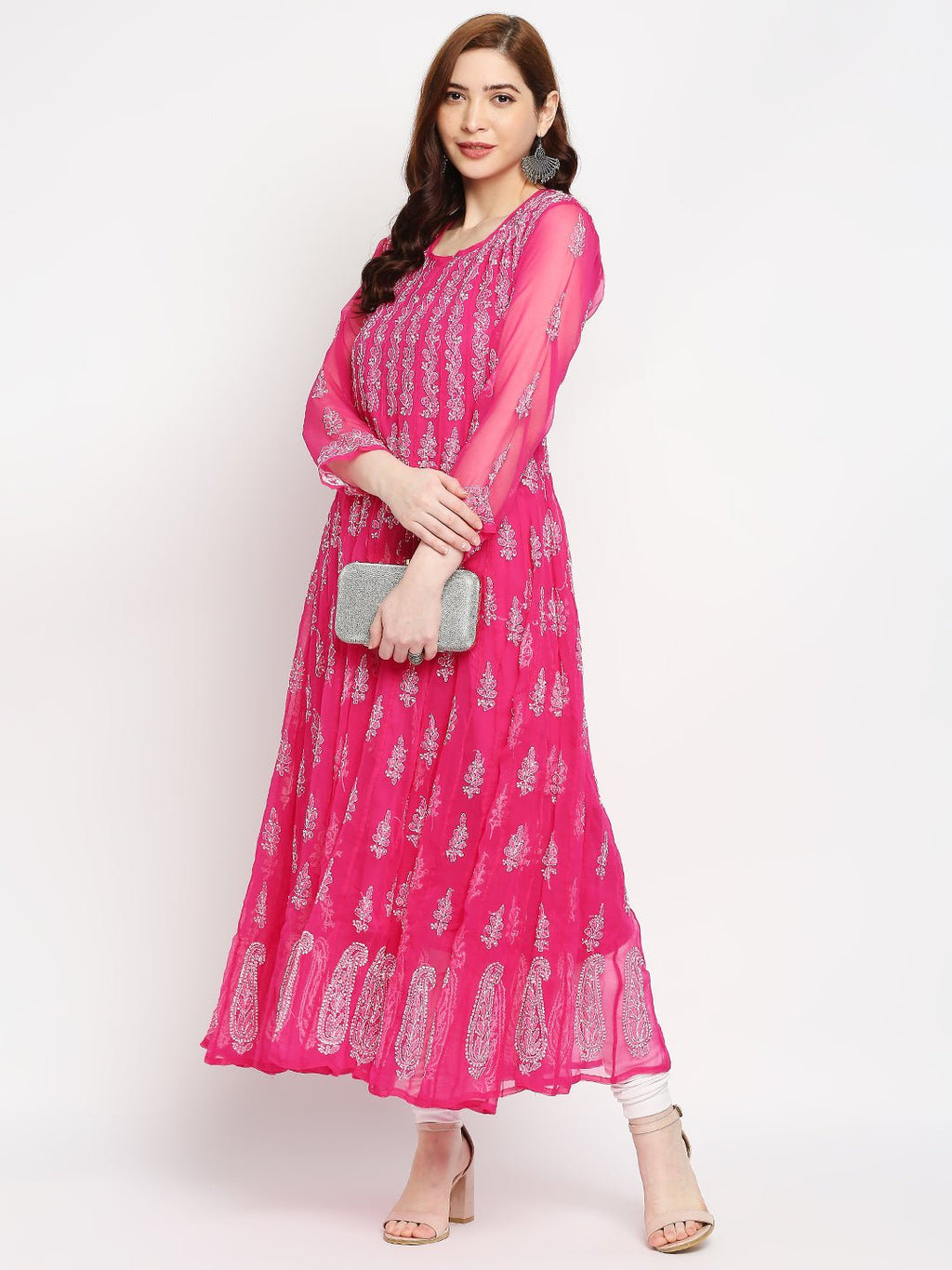 Lucknow Chikankari Hand embroidered 56Kali Anarkali Kurta - Indiankala4u