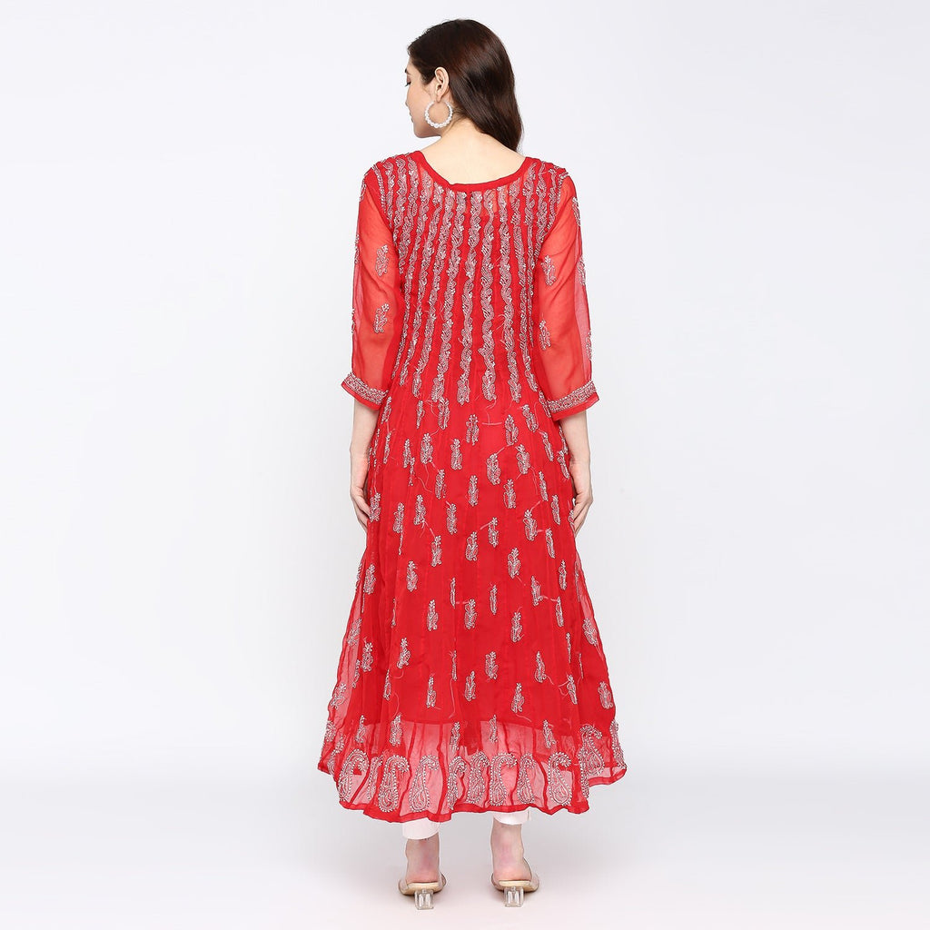 Lucknow Chikankari Hand embroidered 56Kali Anarkali Kurta - Indiankala4u
