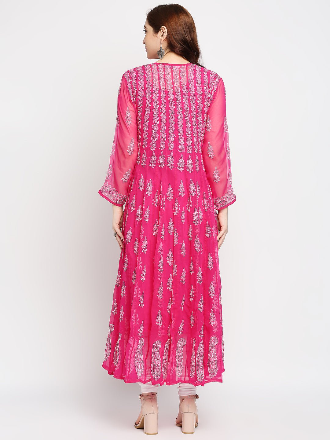 Lucknow Chikankari Hand embroidered 56Kali Anarkali Kurta - Indiankala4u