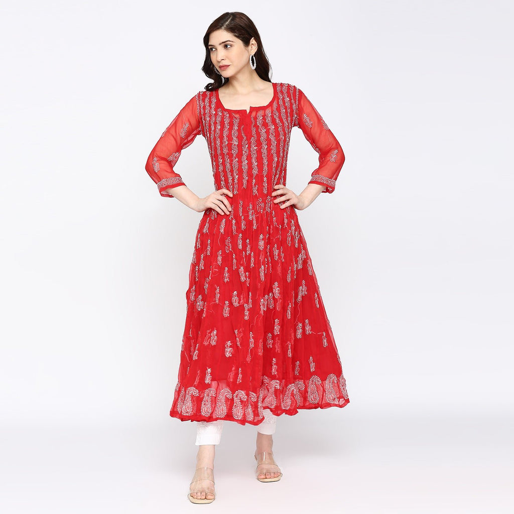 Lucknow Chikankari Hand embroidered 56Kali Anarkali Kurta - Indiankala4u