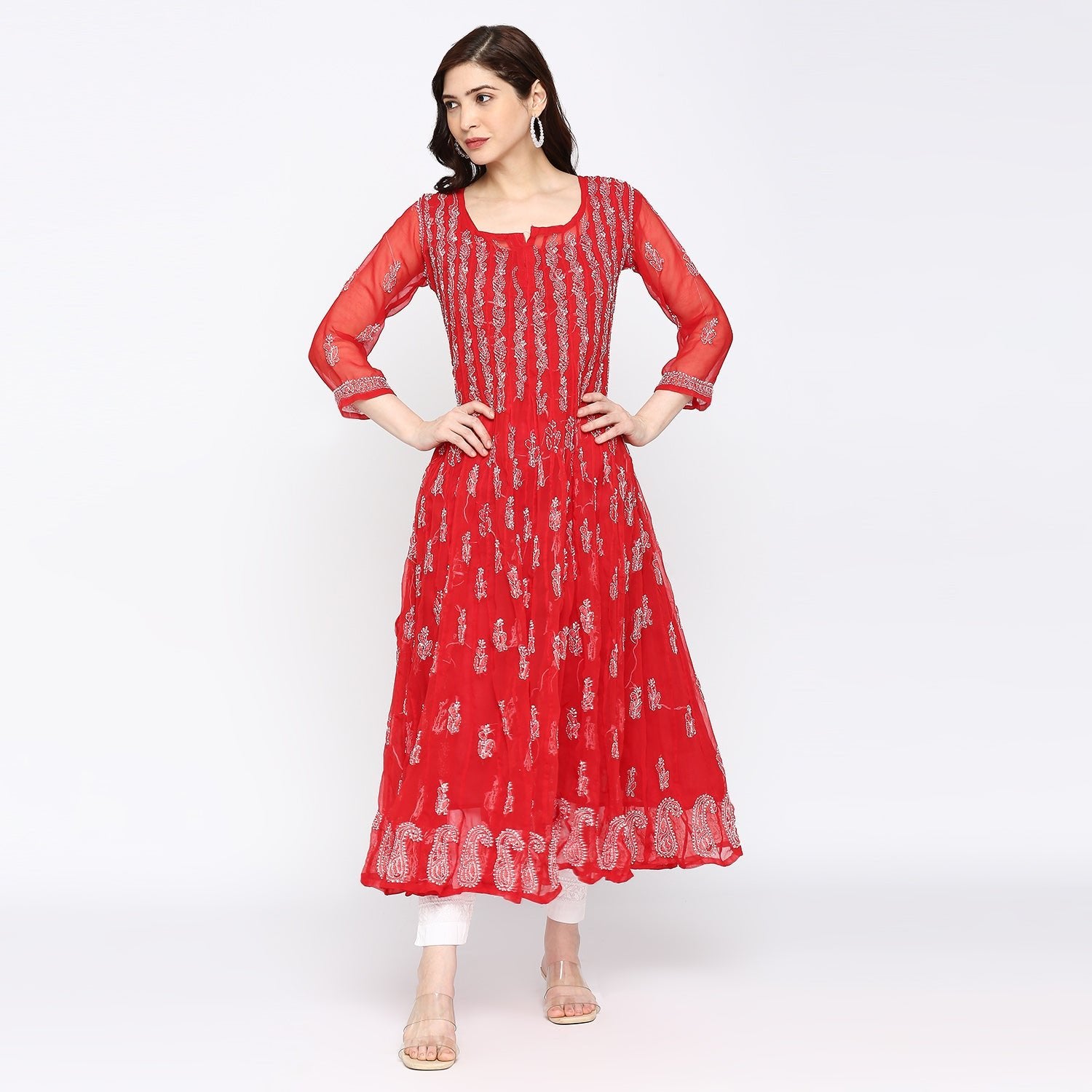 Lucknow Chikankari Hand embroidered 56Kali Anarkali Kurta - Indiankala4u