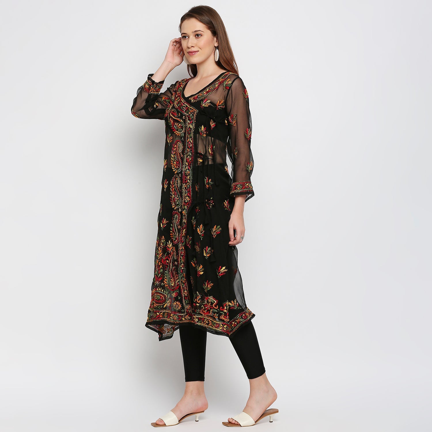 Lucknow Chikankari Hand Embroidered Angrakha Long Kurti, Georgette - Indiankala4u