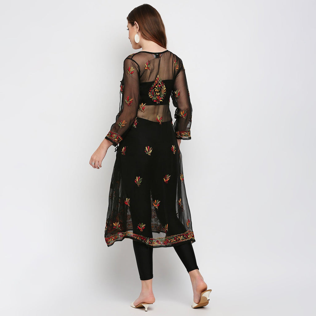 Lucknow Chikankari Hand Embroidered Angrakha Long Kurti, Georgette - Indiankala4u