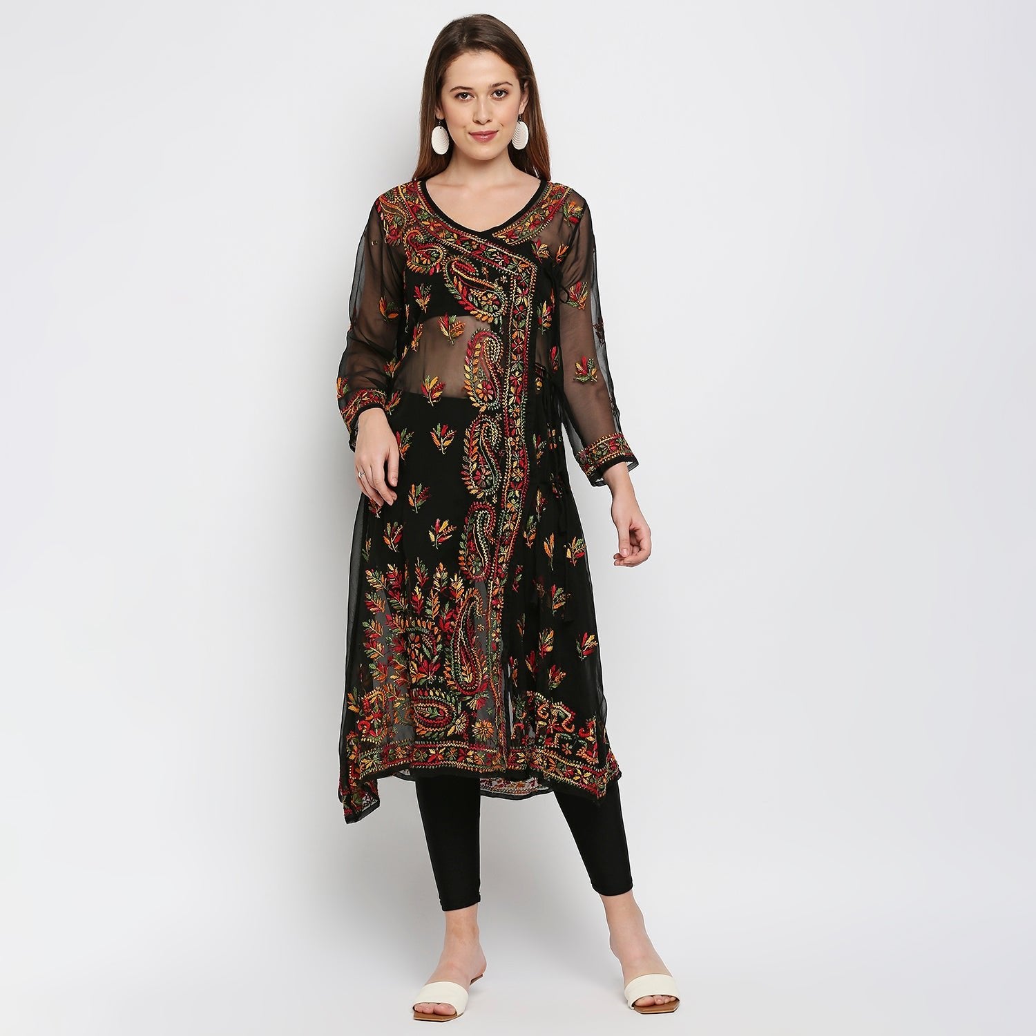 Lucknow Chikankari Hand Embroidered Angrakha Long Kurti, Georgette - Indiankala4u