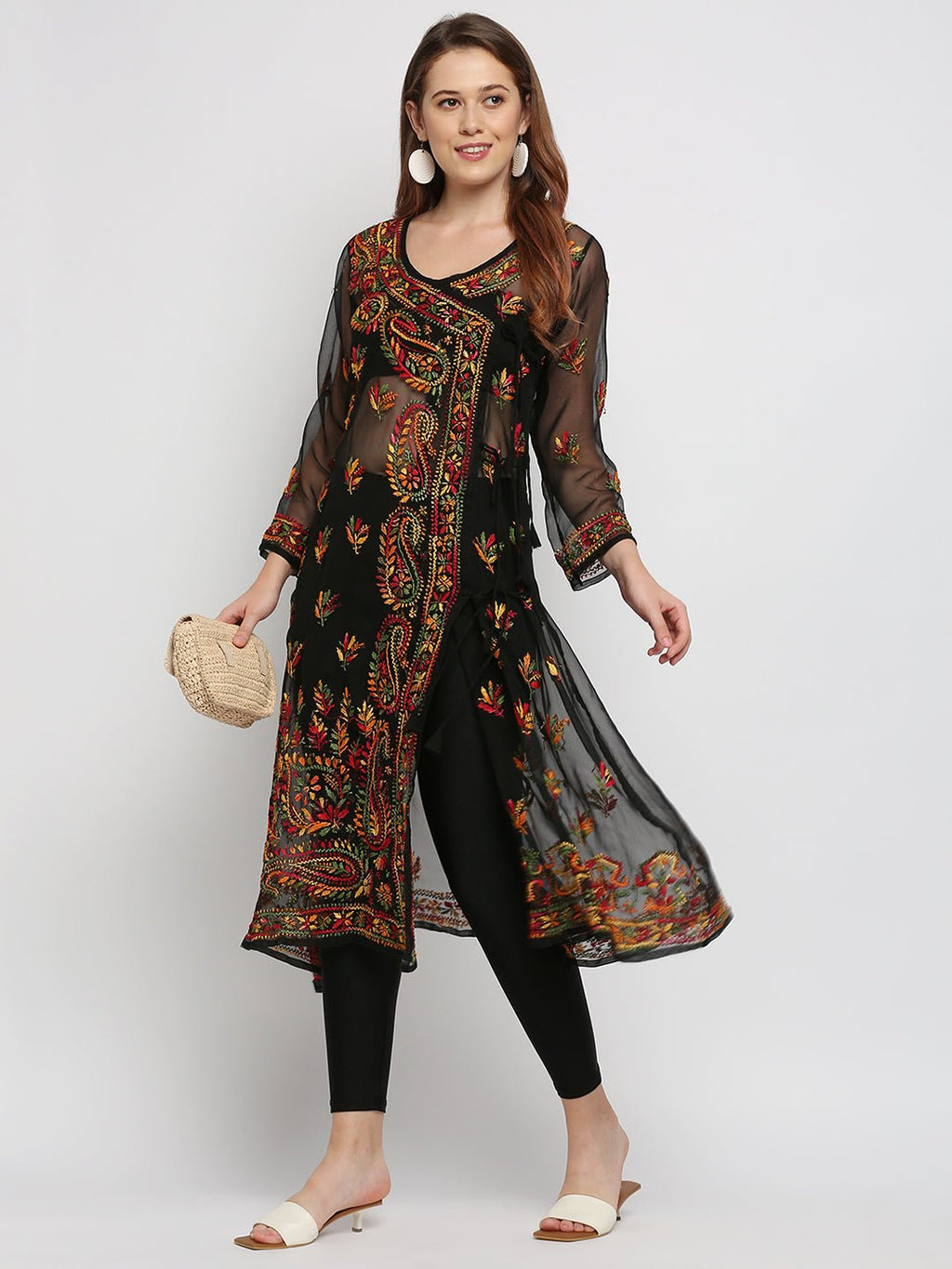 Lucknow Chikankari Hand Embroidered Angrakha Long Kurti, Georgette - Indiankala4u