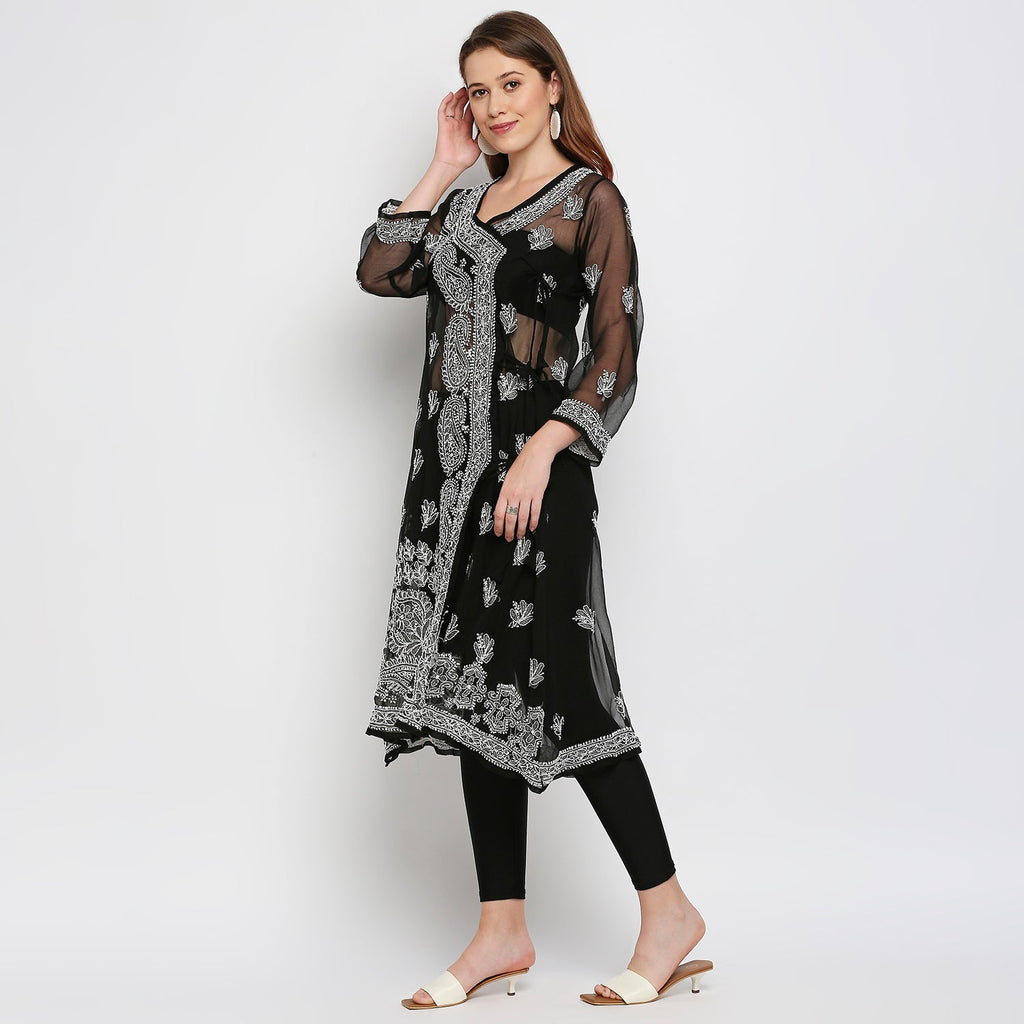 Lucknow Chikankari Hand Embroidered Angrakha Long Kurti, Georgette - Indiankala4u