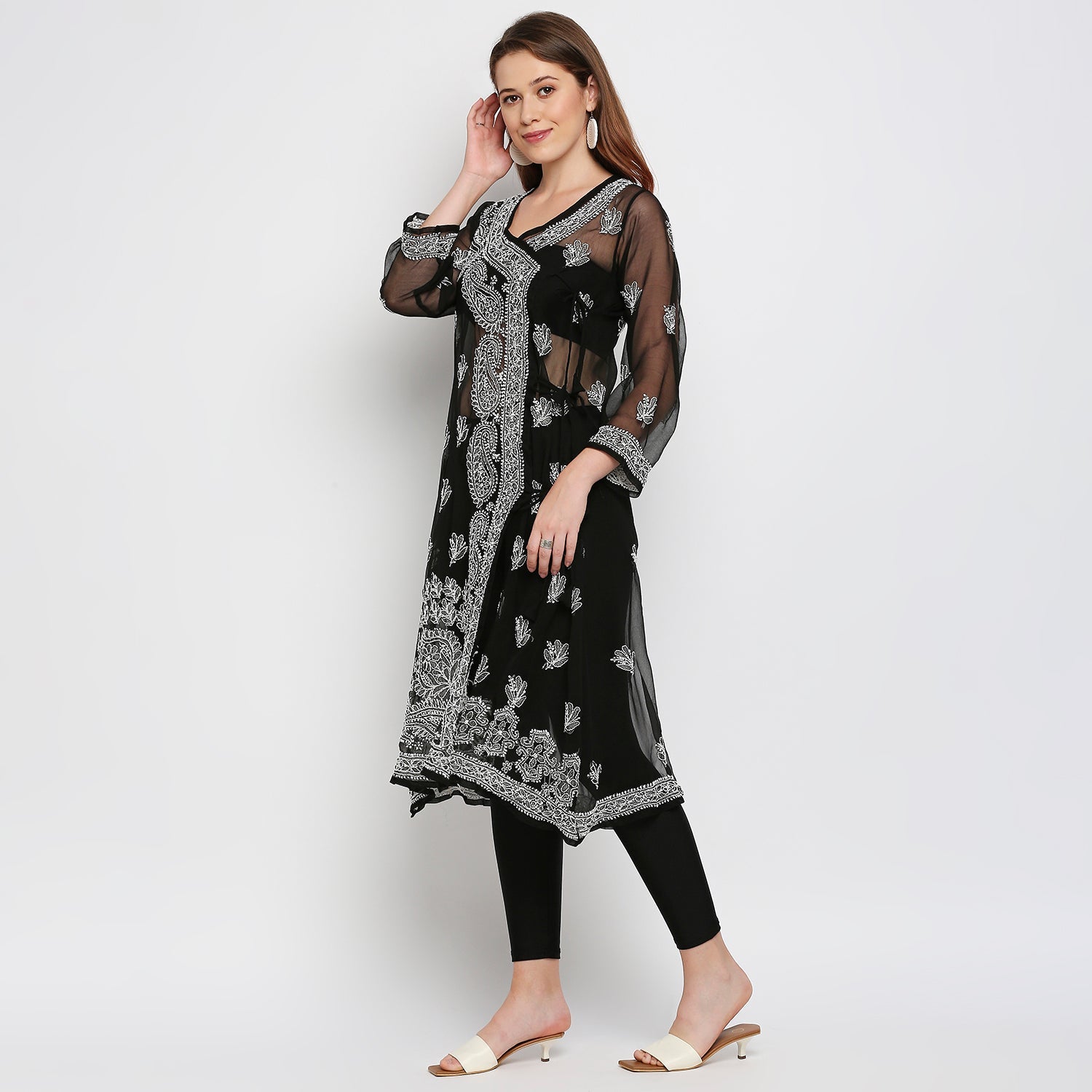 Lucknow Chikankari Hand Embroidered Angrakha Long Kurti, Georgette - Indiankala4u