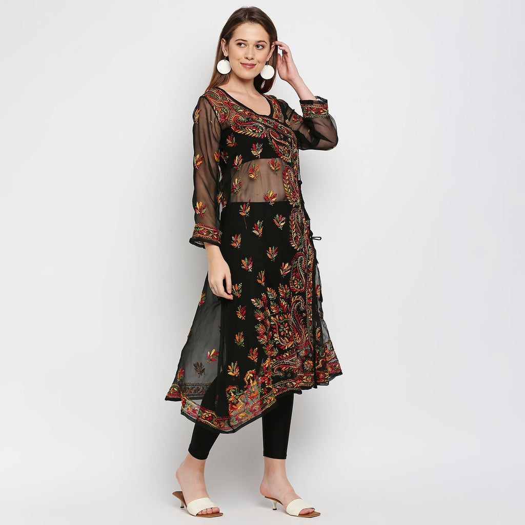 Lucknow Chikankari Hand Embroidered Angrakha Long Kurti, Georgette - Indiankala4u