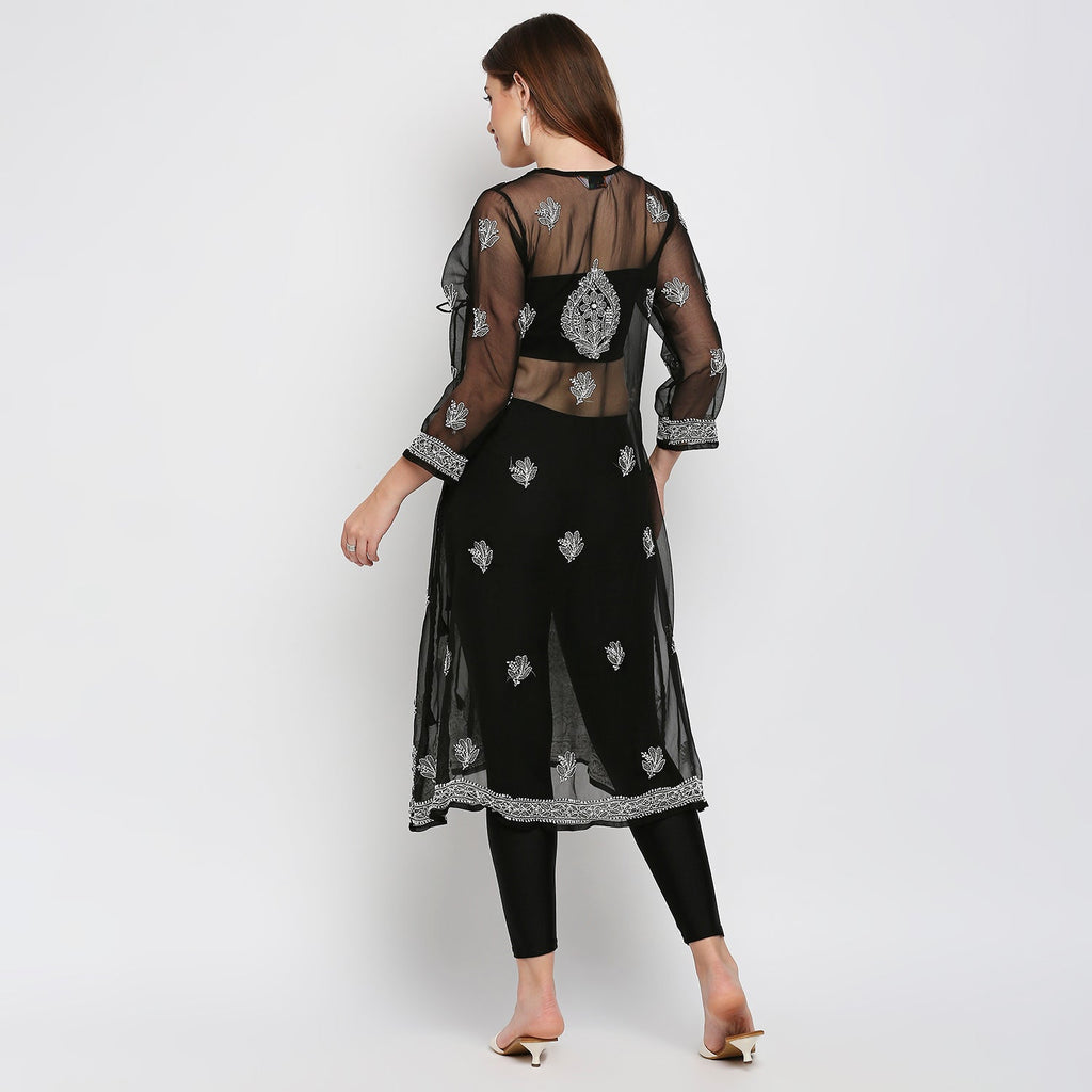 Lucknow Chikankari Hand Embroidered Angrakha Long Kurti, Georgette - Indiankala4u