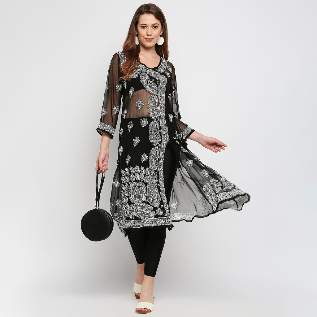 Lucknow Chikankari Hand Embroidered Angrakha Long Kurti, Georgette - Indiankala4u