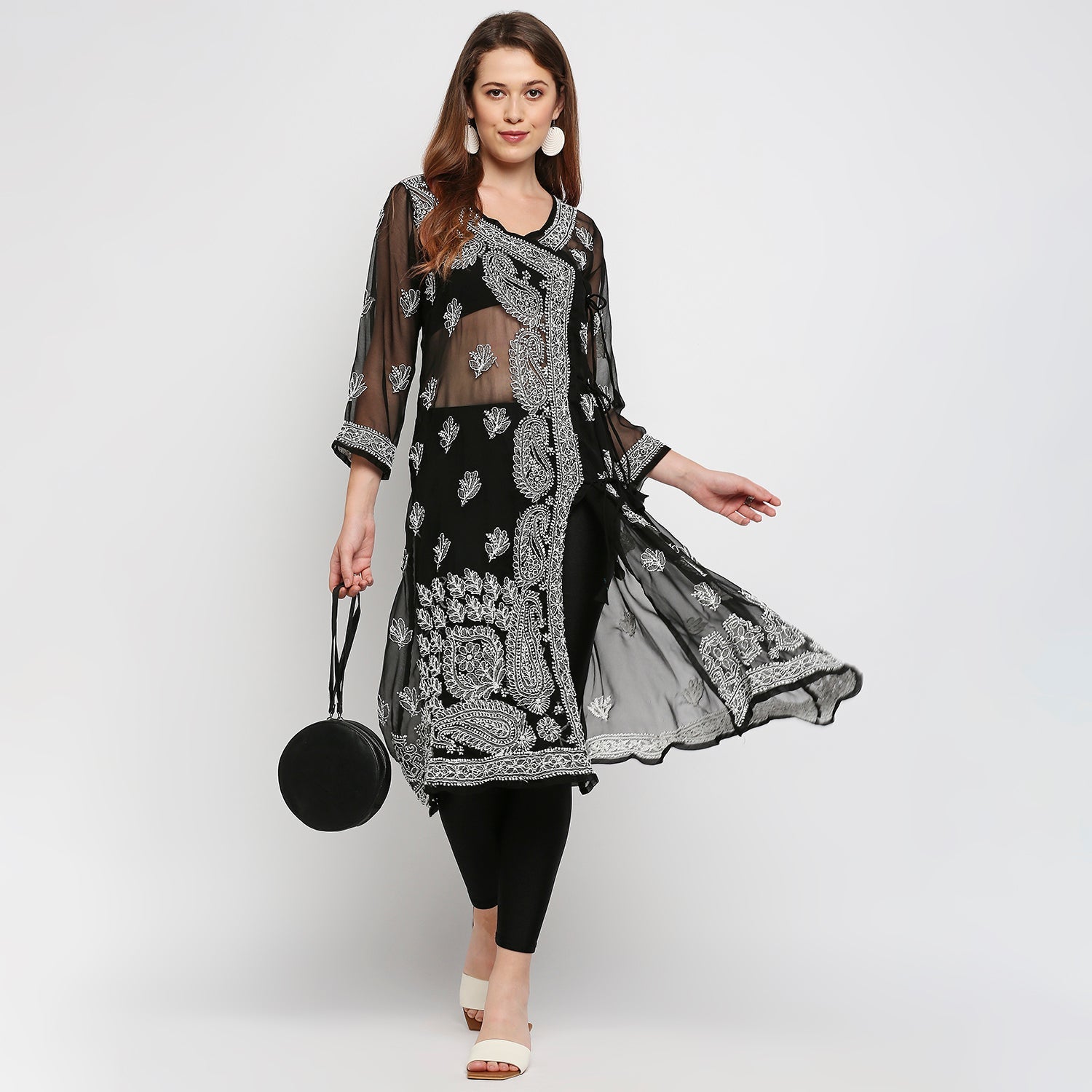 Lucknow Chikankari Hand Embroidered Angrakha Long Kurti, Georgette - Indiankala4u
