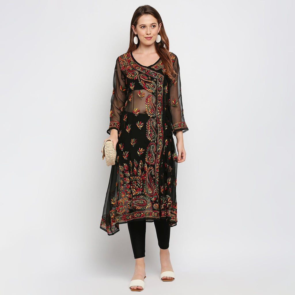 Lucknow Chikankari Hand Embroidered Angrakha Long Kurti, Georgette - Indiankala4u