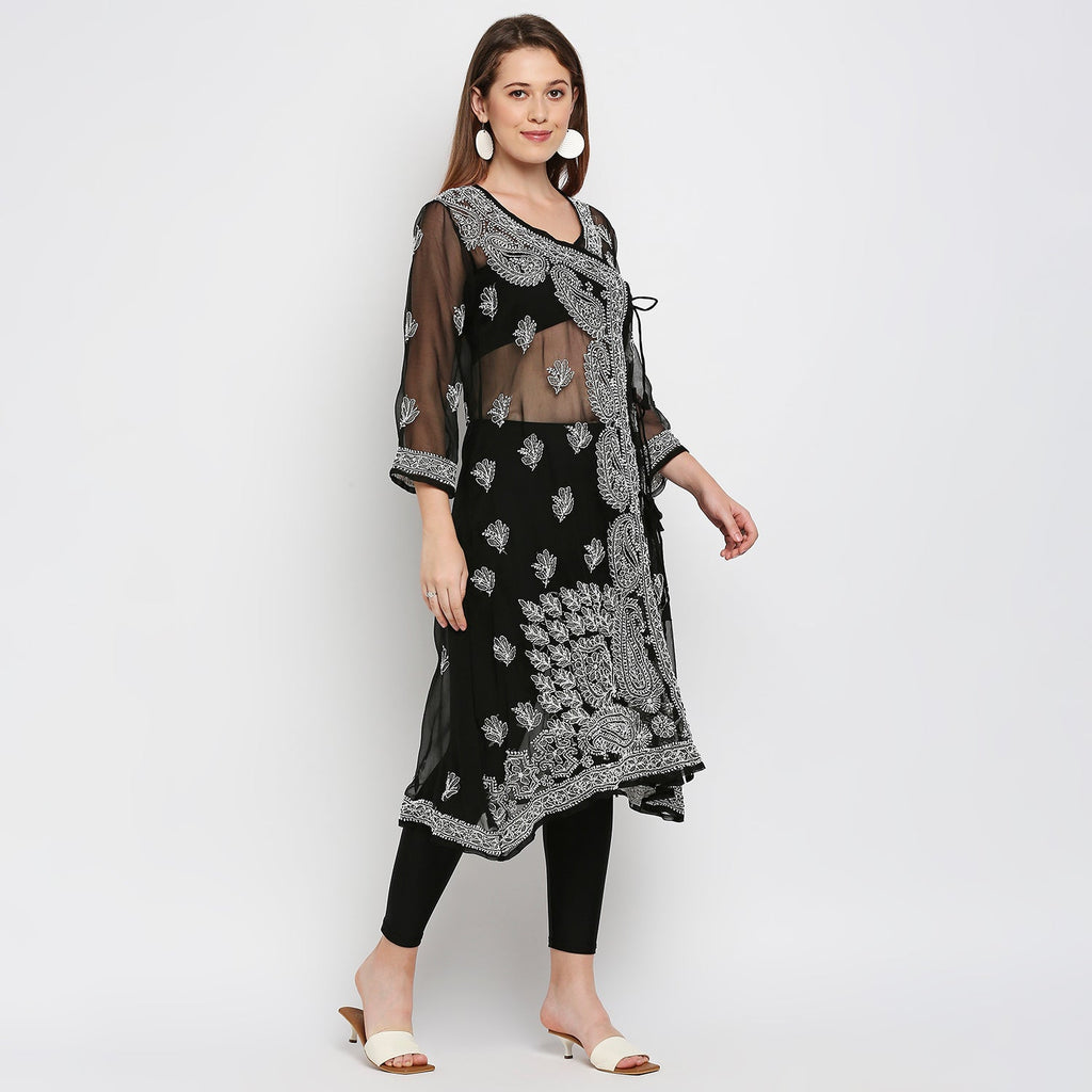 Lucknow Chikankari Hand Embroidered Angrakha Long Kurti, Georgette - Indiankala4u